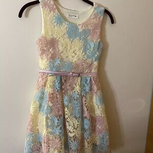 Knit Works Dress Girls Size 8 Multi Colored, Ivory lining, pink belt sleeveless